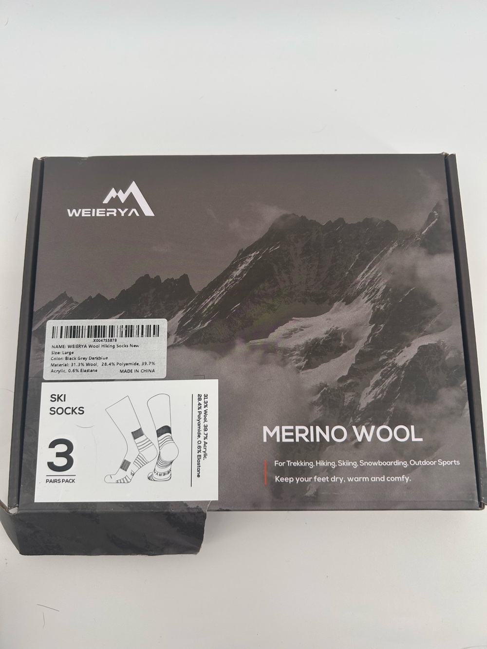 WEIERYA Merino Wool Hiking Socks 3 Pair Pack Large Trekking Ski Outdoor NEW